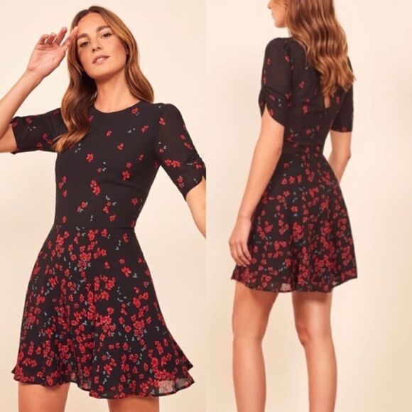 Reformation Gracie Mini Black Dress Floral Oracle Size 2 - Picture 1 of 11